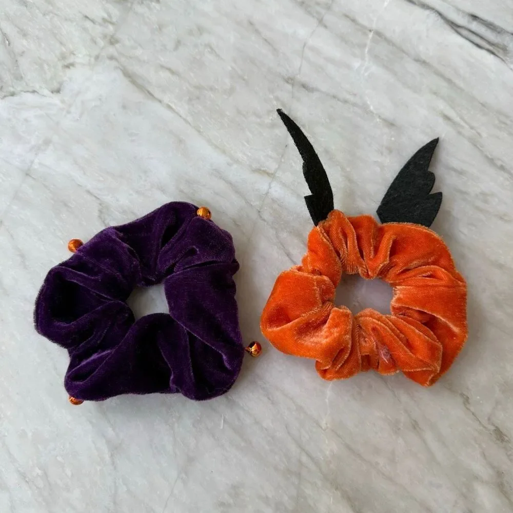 Halloween Velvet Scrunchie Set – Purple Jingle Bell & Orange Bat Hair Ties